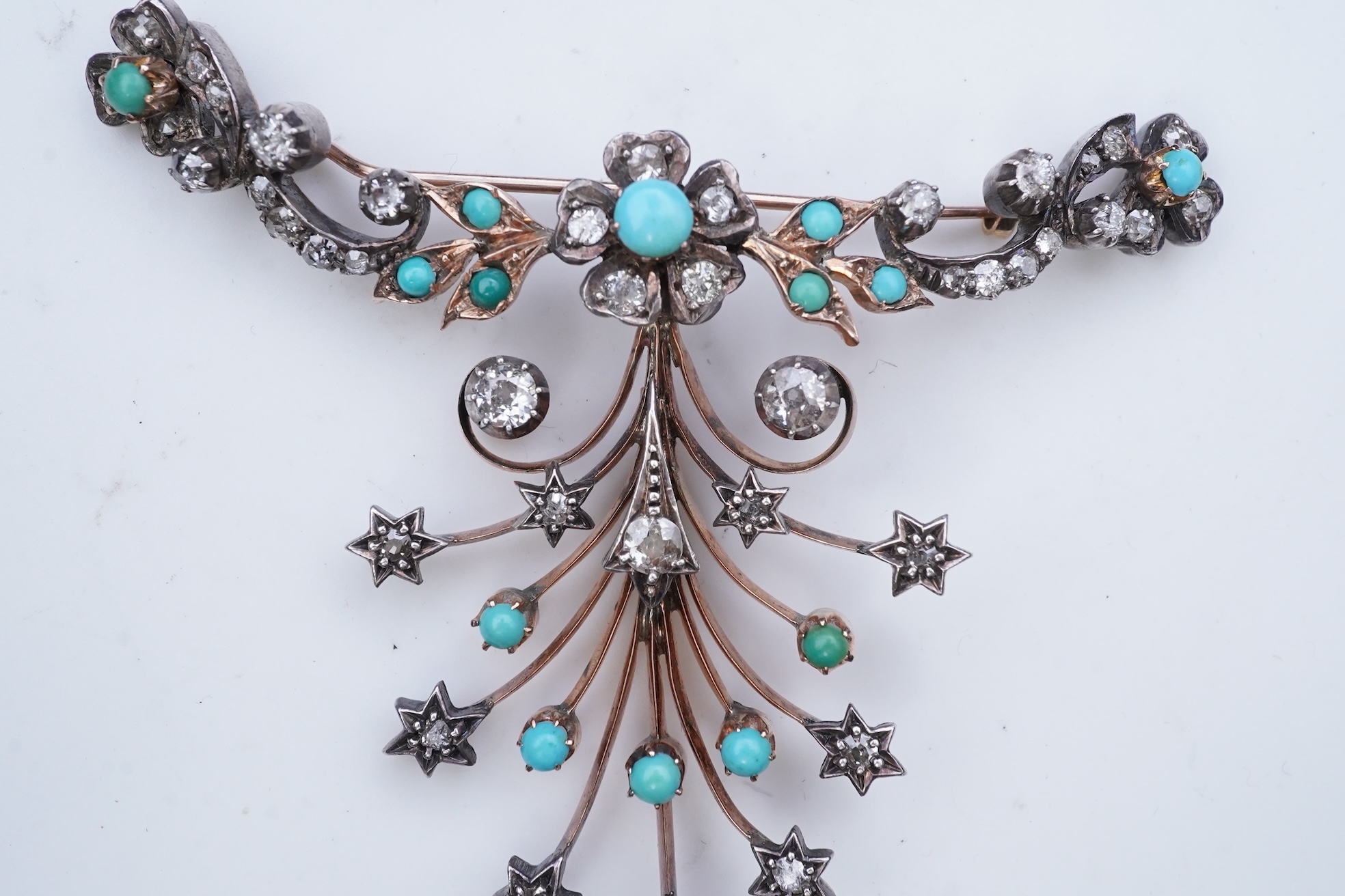 A Victorian turquoise and diamond brooch, 19th century composite